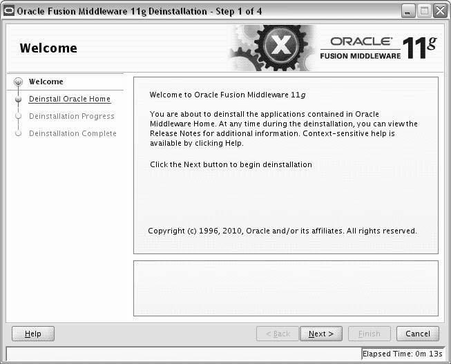 Welcome B.1 Welcome The installer displays this screen when you are about to deinstall one or more Oracle Fusion Middleware software components.