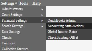 Settings > Financial Settings > Accounting Auto-Actions Adding New Auto Actions This feature of Simplicity allows you the ability to set accounting actions that take place automatically when a debtor