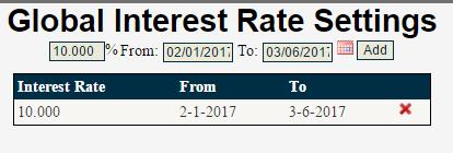 Settings > Financial Settings > Global Interest Rates Global interest rates provide a convenient way for interest rates to be changed in the system according to the specified date span.