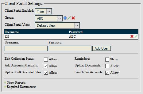 9. Client Portal Settings: 1. Client Portal Enabled When True, clients can access the SimplicityCollect online client portal with their organizations username and password. 2.