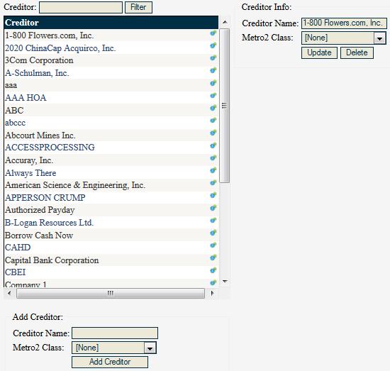 Settings > Creditors The Creditors section allows you to manage all the creditors in your system including updating, deleting, or adding new ones.