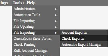 File Exporting > Check Exporter Exporting Printed Checks to CSV 1. Click Tools File Exporting Check Exporter. 2. Choose Printed Date from the drop-down list. 3.