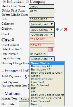 Legal Standing The legal standing section is provided to give a quick summary of the legal standing of each account. Each status type under the legal standing section will be detailed in this section.