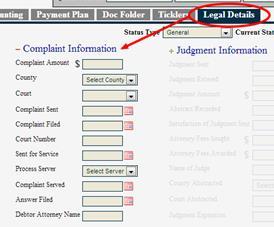 Complaint Information Once you have an account saved in the system, you are ready to start tracking that account through the legal process.