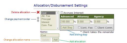 Allocation/Disbursement Settings The Allocation/Disbursement Settings section lets you add allocations, change payment orders and change allocation names in the system.