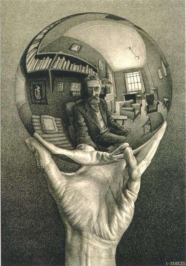 Spherical Mirrors M.C. Escher, self-portrait in mirrored sphere The point between your eyes is the absolute center. No matter how you turn or twist yourself, you can't get out of that central point.