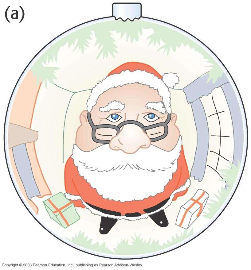 a) Santa as he sees himself in a mirrored sphere. b) Santa as he sees himself in a flat mirror after too much eggnog.