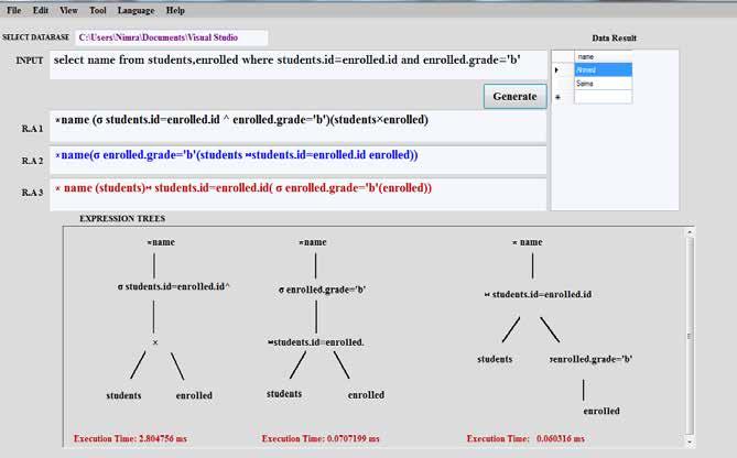Fig. 5. User Interface of the tool with database connectivity and query input. As shown in Fig.