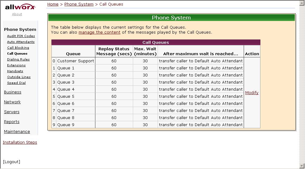 The system supports 10 queues. To configure a queue, click the Modify link.