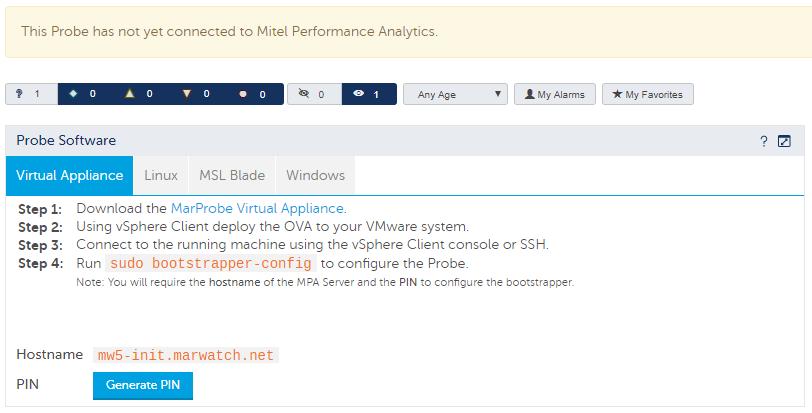 Mitel Performance Analytics Probe Installation and Configuration Guide The following is a typical Probe dashboard before it has connected to Mitel Performance Analytics: The Probe Dashboard shows