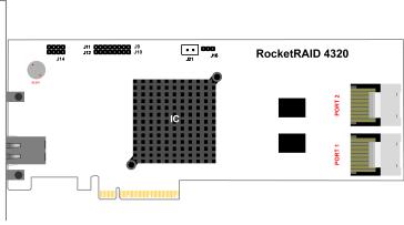 RocketRAID 4320 Hardware Description/Installation RocketRAID 4320 Hardware 1 - RocketRAID 4320 Adapter Layout Port1, Port2 These represent the RocketRAID 4320 s 2 Internal Mini-SAS ports.