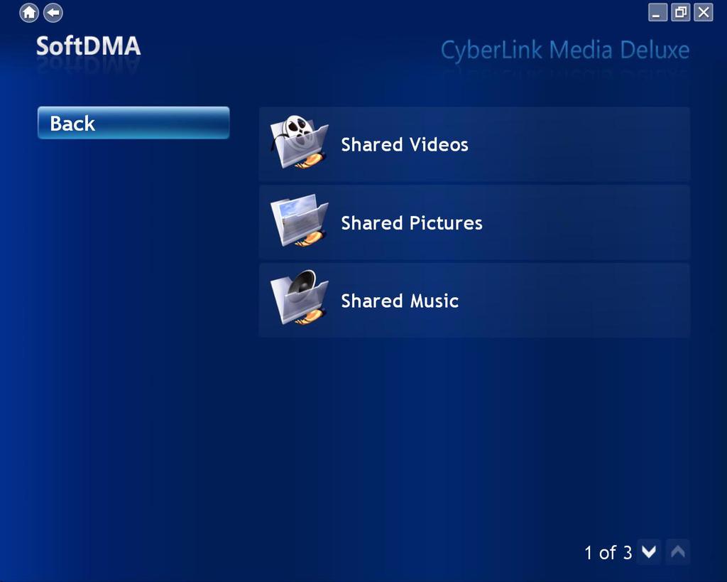 CyberLink Media Deluxe media server. Select Shared Music to listen to the shared music files on the media server. Media pages have functions on the left and a content browsing area on the right.