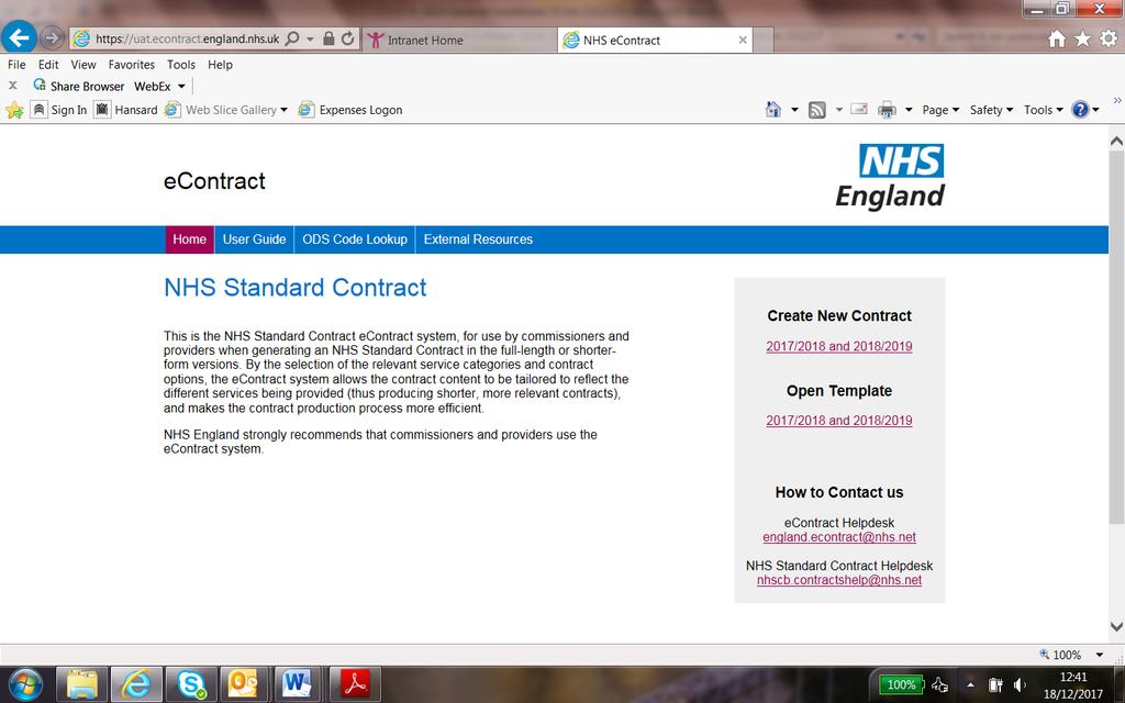 4 How to use the econtract system 4.1 The econtract system can be accessed at: https://www.econtract.england.nhs.uk/home/ 4.2 This is the Home Page: 4.