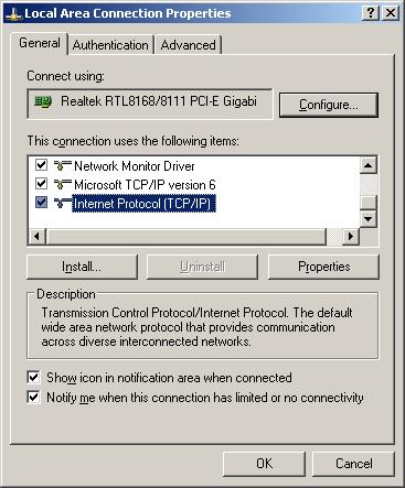 Select [Internet Protocol (TCP/IP)] =>Click