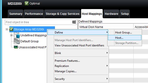 Connect to the MD3 array using the PowerVault Modular Disk Storage Manager client. 2. Under Discovered Storage Arrays, right-click the array to manage and select Manage Storage Array. a. When the Array Management window appears, click the Host Mappings tab.