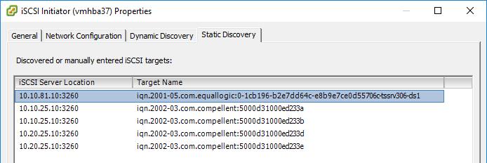Select the Static Discovery tab, and locate the Target Name of the PS Series or MD3 volume that was unmounted (if needed, expand the window to see the entire Target Name).
