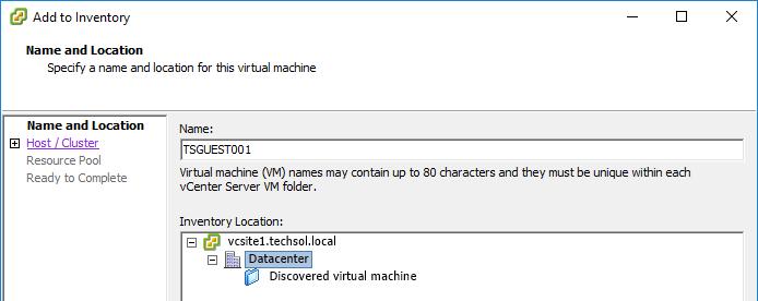 Importing PS Series and MD3 VMware volumes 18. Assign the guest a name and select the inventory location. Click Next. 19.