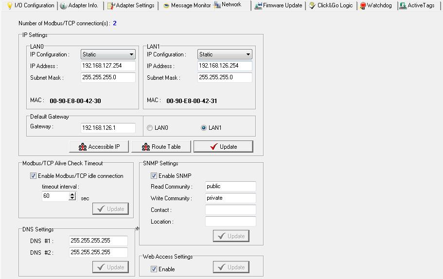 IP Settings: You can set up a static or dynamic IP address for the iologik E4200 s two LAN ports, and also configure the subnet mask and gateway address.