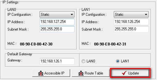 Utilities 5. Click Update to update the configuration, and then restart the iologik E4200 to activate the new network settings. 6. Click Route Table again to verify that the setup was successful.