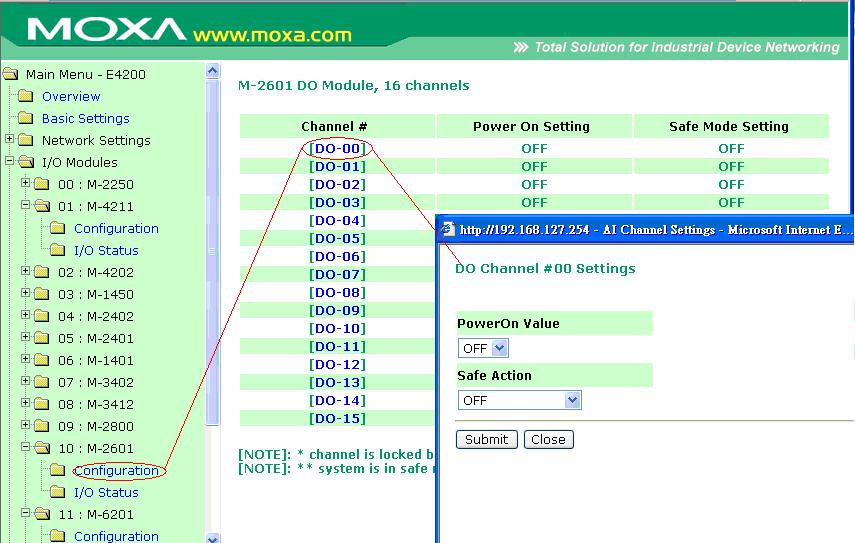 Using the Built-in Web Console The following example illustrates configuring a Digital Output channel: You may use the PowerOn Value field to specify the channel s settings when the iologik system is