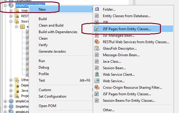 Right click the project name and select JSF pages from Entity