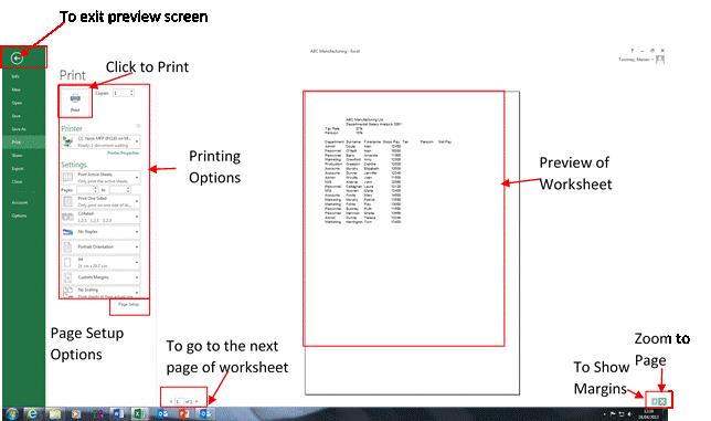 Print Preview & Printing To preview your worksheet before printing Click on the File Menu and click on Print The following screen is displayed, showing a preview of your workbook to the right of the