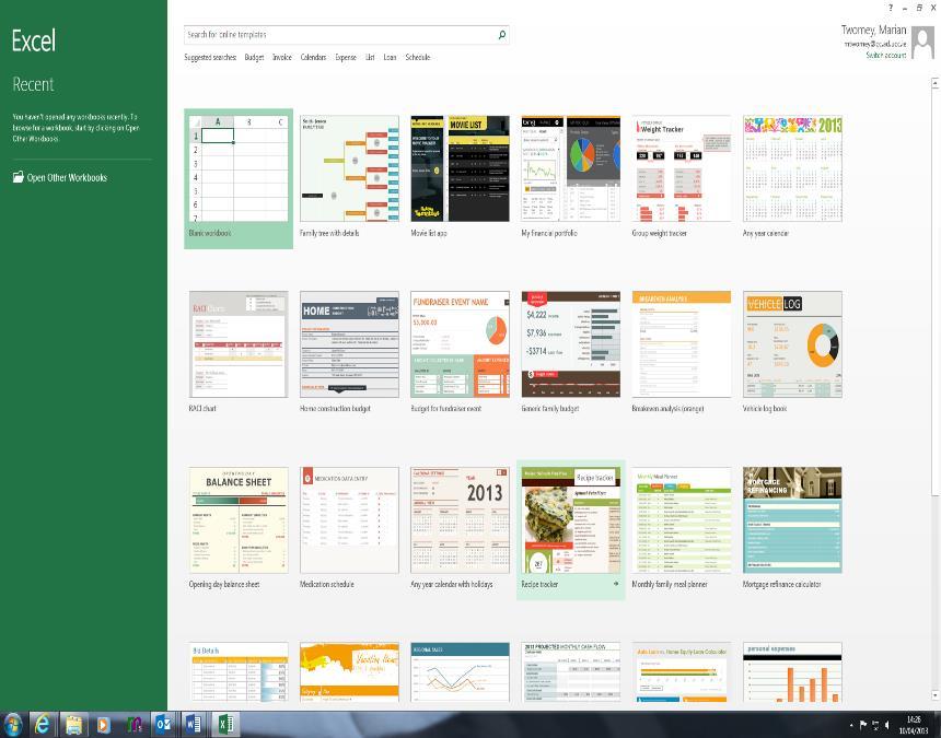 Getting Started with Excel 2016 When you open Excel 2016, you ll see templates for budgets, calendars, forms, and reports, and more.