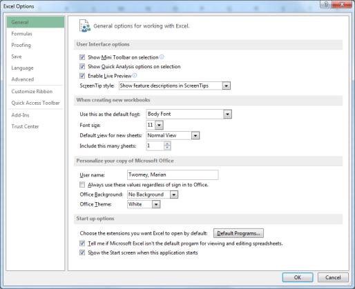 To set up Excel so it automatically opens a new workbook Click File then Options.
