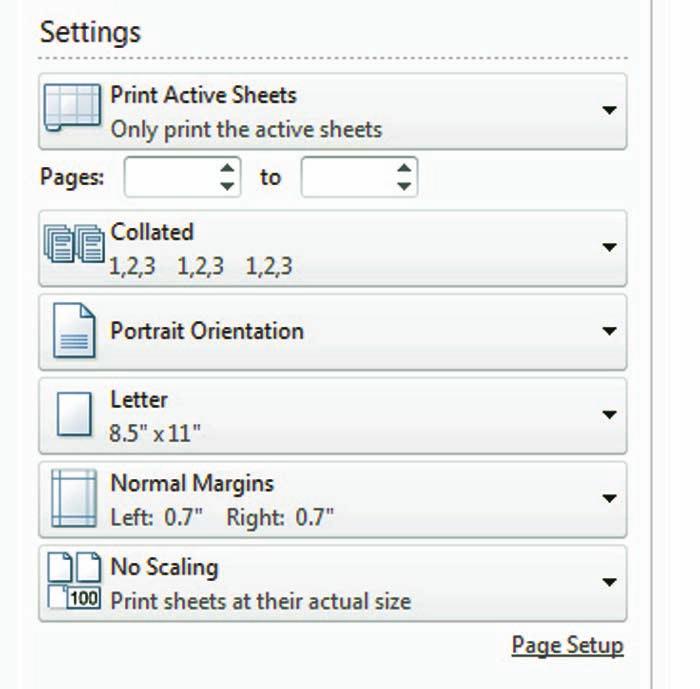 32 Lesson 2 4. In the Settings section of the Print window, shown in Figure 2-10, click the Portrait Orientation drop-down arrow. Notice that there are two options: Portrait (default) and Landscape.