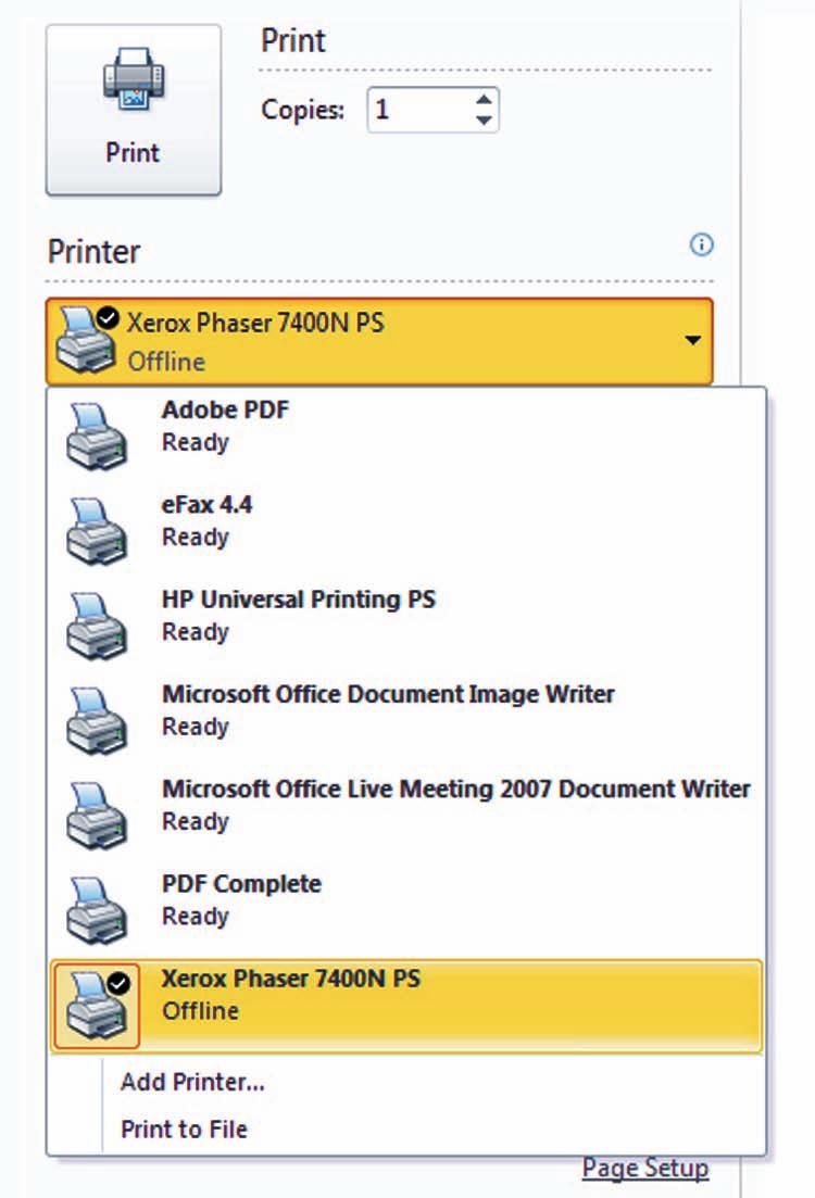 Using Backstage 33 5. Your current default printer is displayed in the Printer options section of the Printer window.
