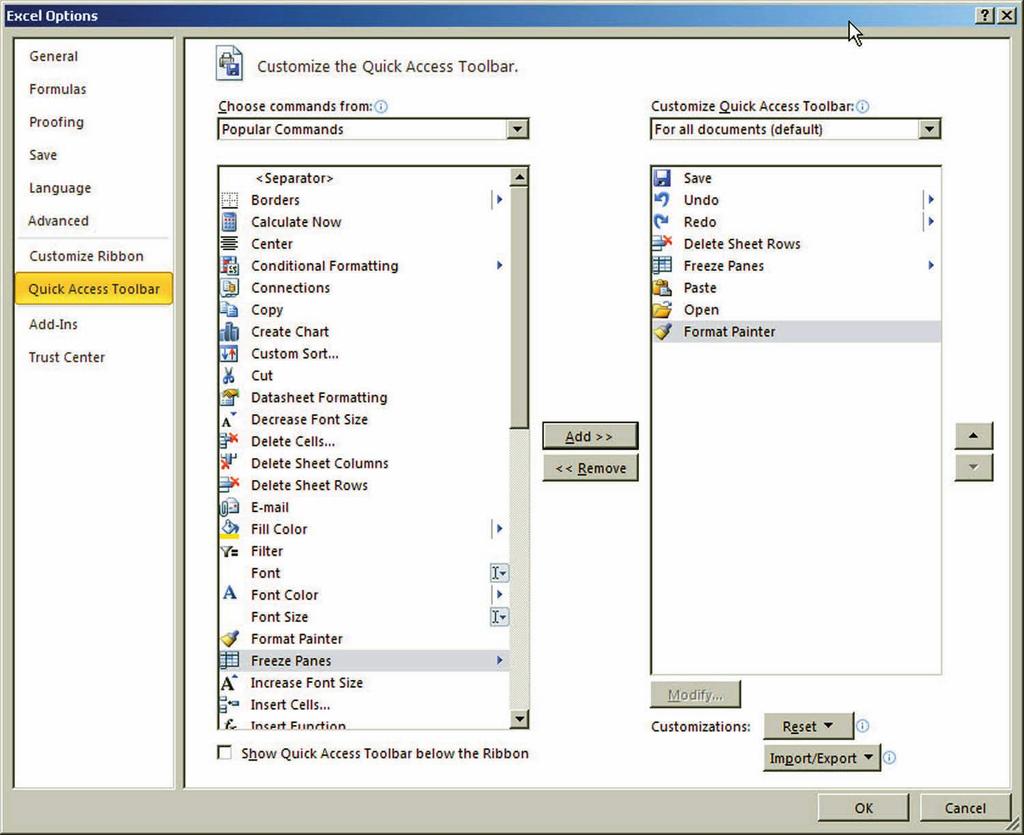 34 Lesson 2 Customize the Quick Access Toolbar with Backstage GET READY. LAUNCH Excel 2010. Then, take these actions: 1. Click the File tab to access Backstage view. 2. Locate and click the Options button in the navigation pane.