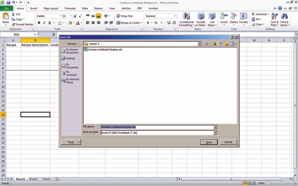26 Lesson 2 Excel Close Button Navigation pane for file destination Save In Box File Name Box Figure 2-4 Save As dialog box 9. Click the File tab to open Backstage view. 10. Click the Save option. 11.