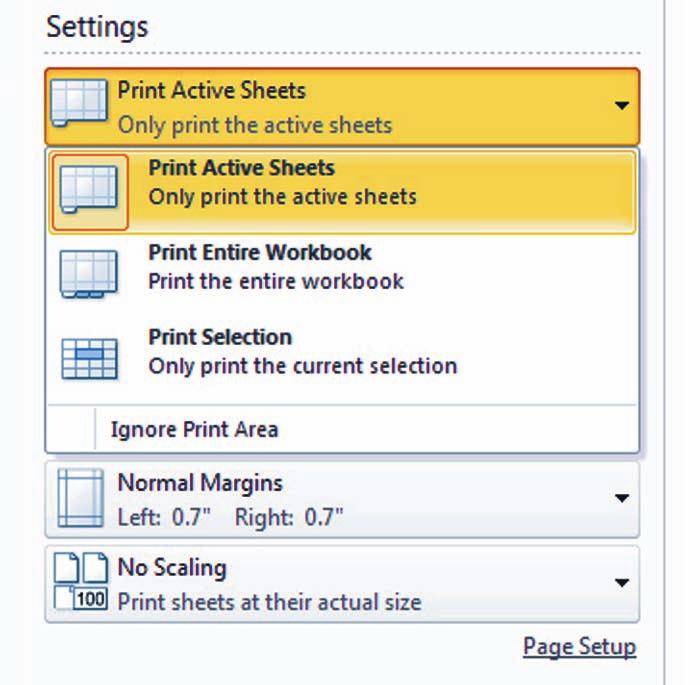 30 Lesson 2 3. In the Settings section of the center pane in Print options, click the Print Active Sheets drop-down arrow.