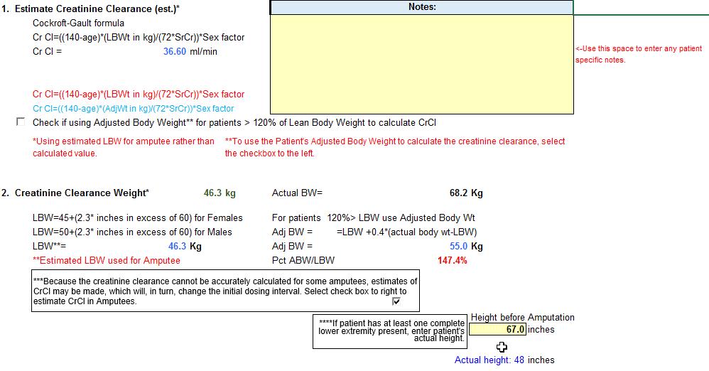 2 kg, based on the percentage of lean body mass (12%) missing. It then calculates CrCl as 46. (Adjusted body weight is not used because her actual weight is only 17% above the new calculated LBW).