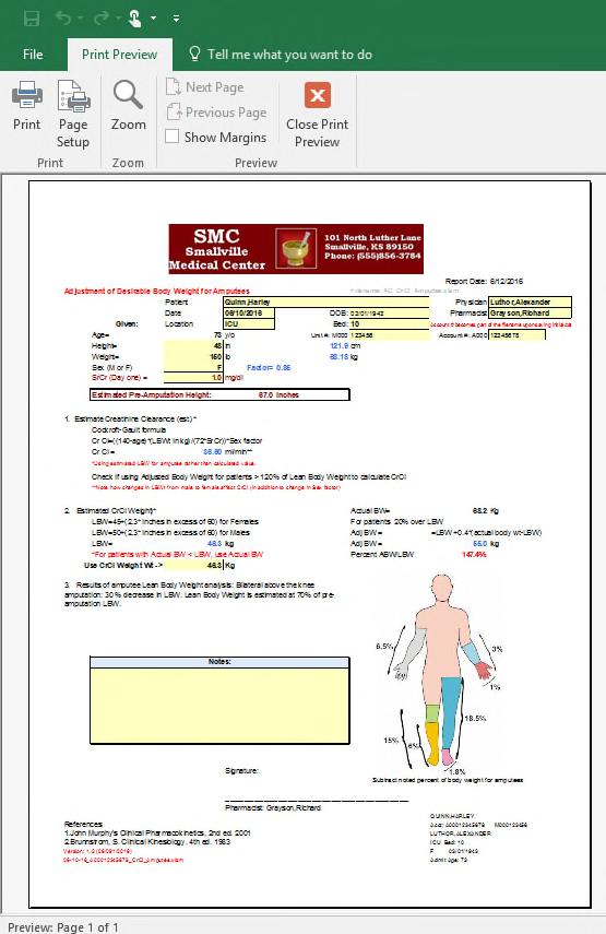 Printing the Report Return to the Patient Info. & Reports page. Click the Report button. A report is generated to the screen.