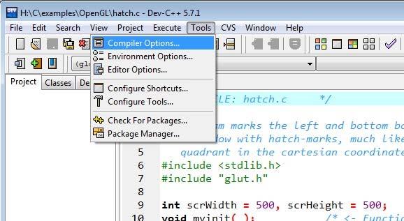 Appendix - Using Opengl & GLUT Building within the Dev-C++ IDE: Under Tools select Compiler Options: In the Add... when calling the compiler field; check the box and type: -I.