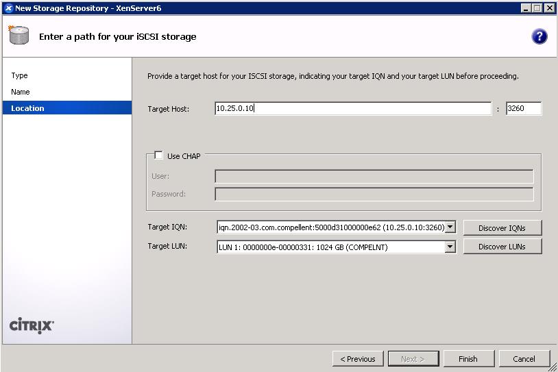 Figure 13, Add iscsi SR NOTE: When the Storage Center is in virtual port mode and adding storage with the wildcard option, an incomplete list of volumes mapped to the server