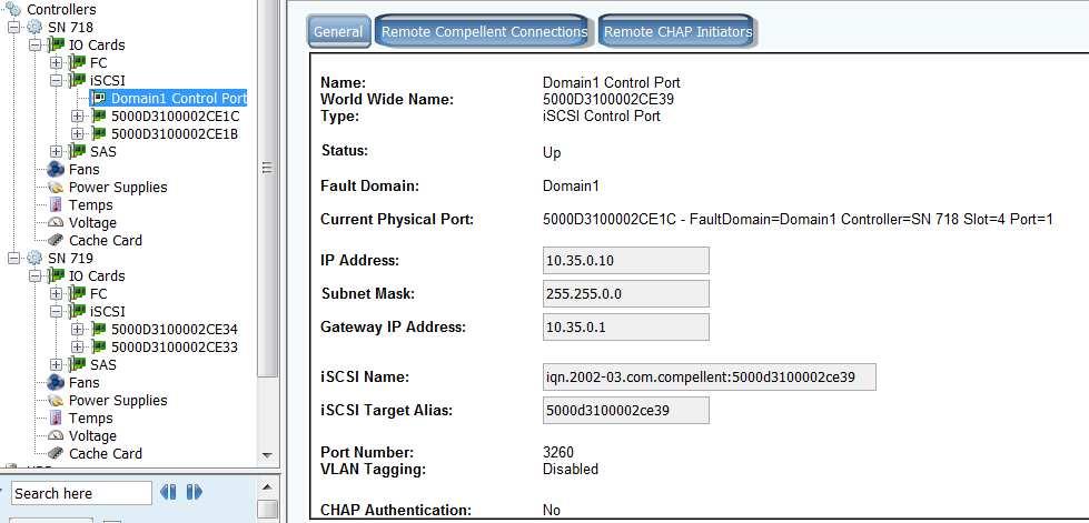 Figure 18, Control Port IP address In this example the IP address is: 10.35.0.10/16 2. Login to Compellent Control Ports.