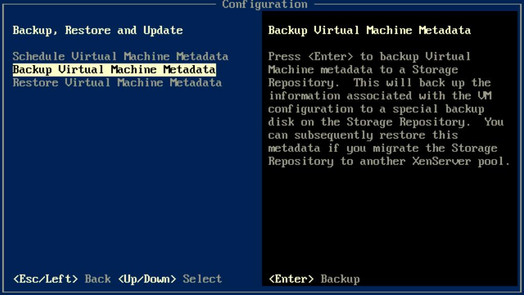 Figure 84 Backup, Restore and Update Screen To export the VM metadata: 1. Select Backup, Restore and Update from the menu. 2.