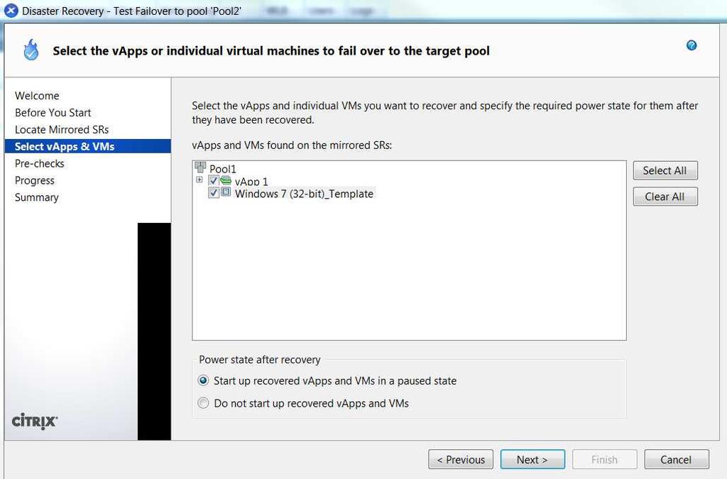 Figure 92 Select VMs and vapps to test 8. The Disaster Recovery Wizard will check prerequisites on the next screen.