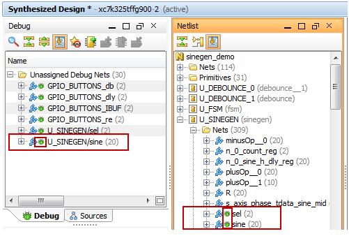 Step 2: Probing and Adding Debug IP X-Ref Target - Figure 5 Figure 5: Adding Nets from the Netlist Tab Note: With the Debug tab selected, you can see the unassigned nets you just selected.