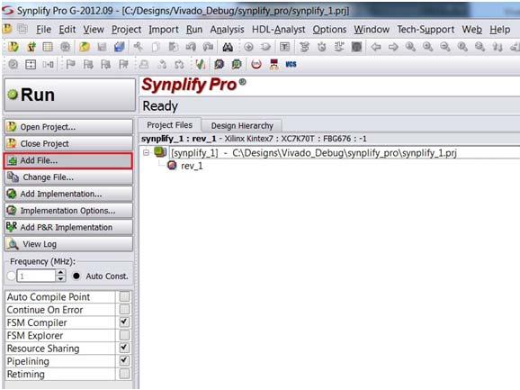 In the left panel of the Synplify Pro window, click Add File as shown in