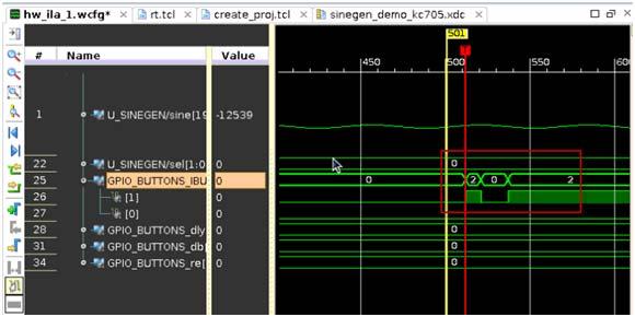 Step 3: Using the Vivado Logic Analyzer to Debug the Hardware X-Ref Target - Figure 39 Figure 39: GPIO Buttons_1_re Signal Glitch Fixing the Signal Glitch and Verifying the Correct State Machine
