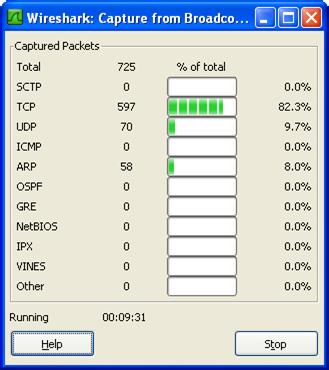 7 Figure 1.6 Capture information dialog Stop Capturing Whenever you feel you have captured all the packets (frames) that you need to do your lab report, you can stop capturing.