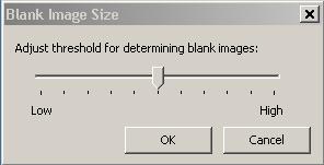 Setting displays the Blank Image Size dialog box. This option allows you to select the maximum image size that the scanner will consider to be blank.