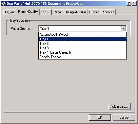 Start a print job on special material Introduction You can follow two procedures, to print on special material. Enter the paper input settings in the Océ VarioPrint 2050-70 printer driver.