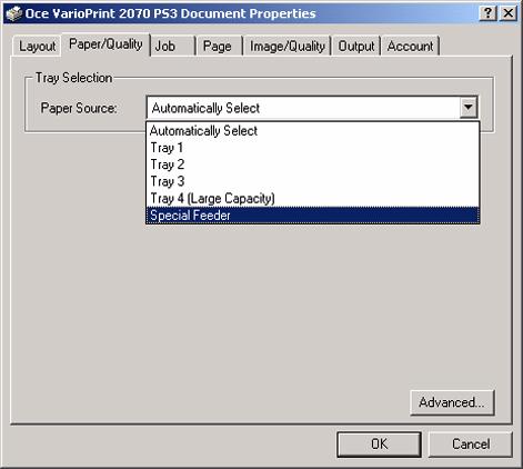 How to start a print job on special material placed in the special feeder 1 Open the 'Properties' dialog box (see Introduction on page 78). 2 Click the 'Paper/Quality' tab of the dialog box.