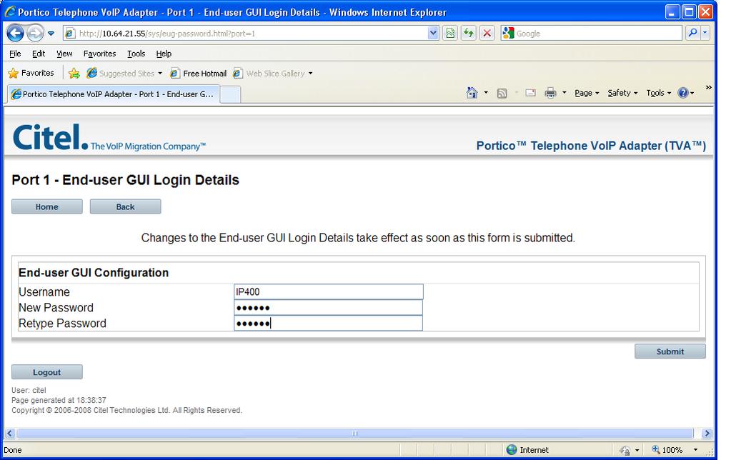 Populate the end user GUI information from the Port X Handset Configuration page by clicking Change. The Username matches the name populated in IP Office in Section 4.