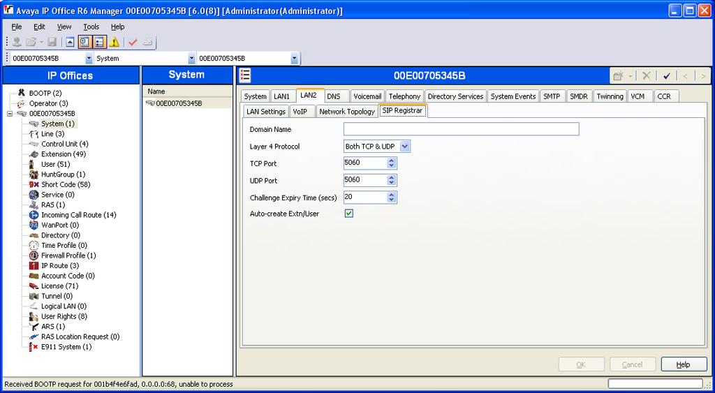 In the Avaya IP Office Manager application, LAN parameters including SIP Registrar settings are set. From the configuration tree in the left pane, select System.