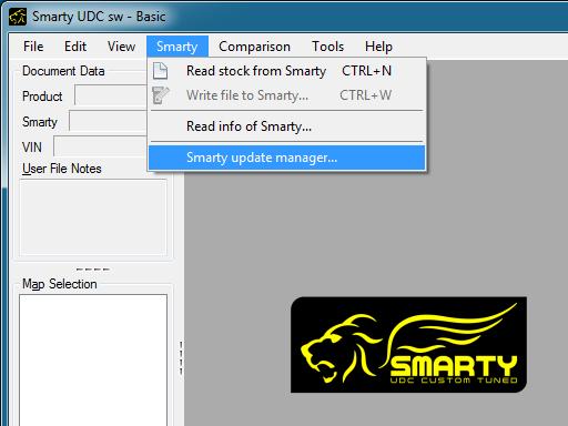 4.1.1.3 In the UDC tuning software, select the menu: Smarty > Smarty update manager. The Smarty update manager window will pop up. 4.1.1.4 In the update manager window, you need to select manually the model of your Smarty since the UDCsw can not detect on it's own what Smarty is connected to the PC.